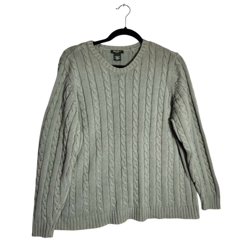 Eddie Bauer Womens XXL Sage Green 100% Cotton Cable Knit Crew Neck Sweater